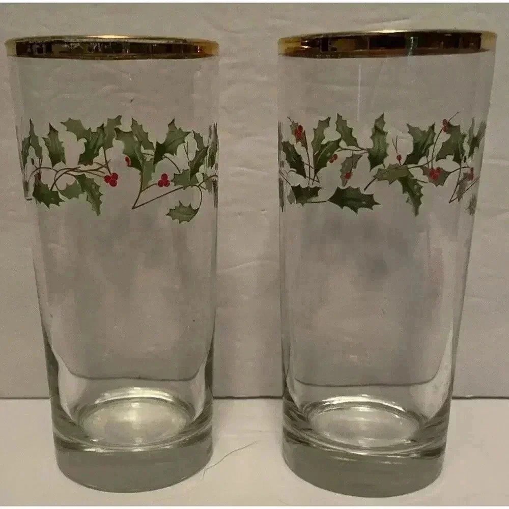 Lenox Holly & Berry Holiday Tall Glass Gold Trim Set Of 2 6.25”H x 2 7/8”W
